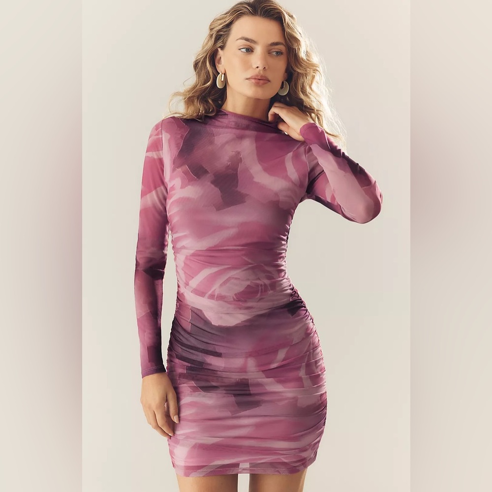 The Maya Long-Sleeve Ruched Cowl-Neck Mini Dress